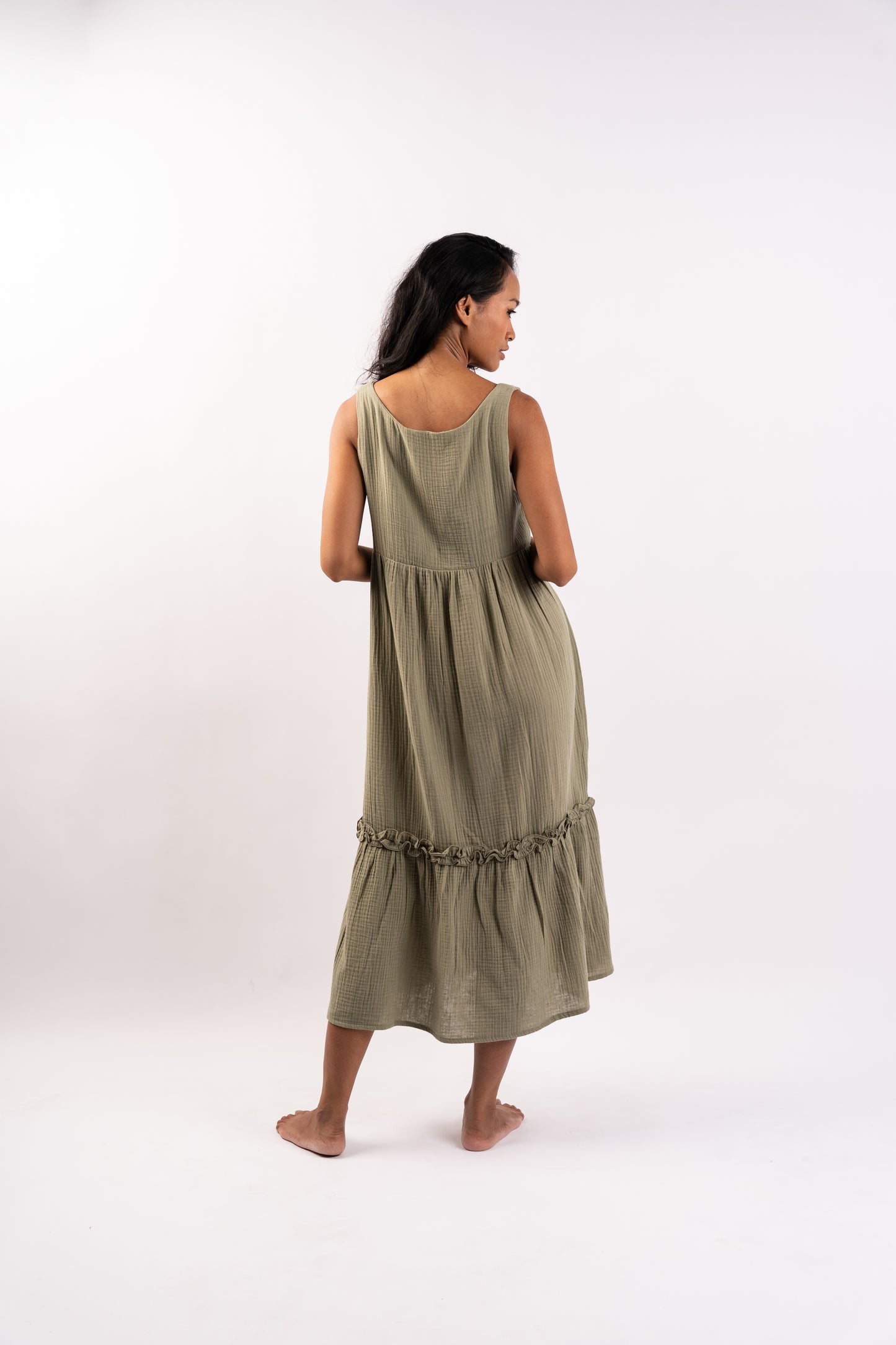 Eva Cotton Sleeveless Mid Length Green Dress With Wide Bottom Frill