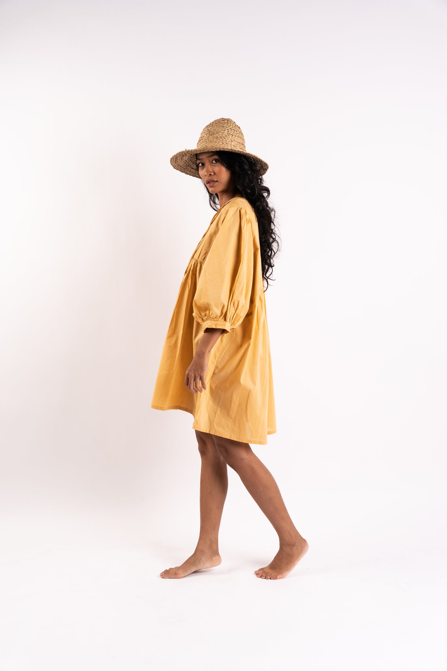 Amelia Cotton Boho Dress in Caramel With Billowing Sleeves and Front Tie