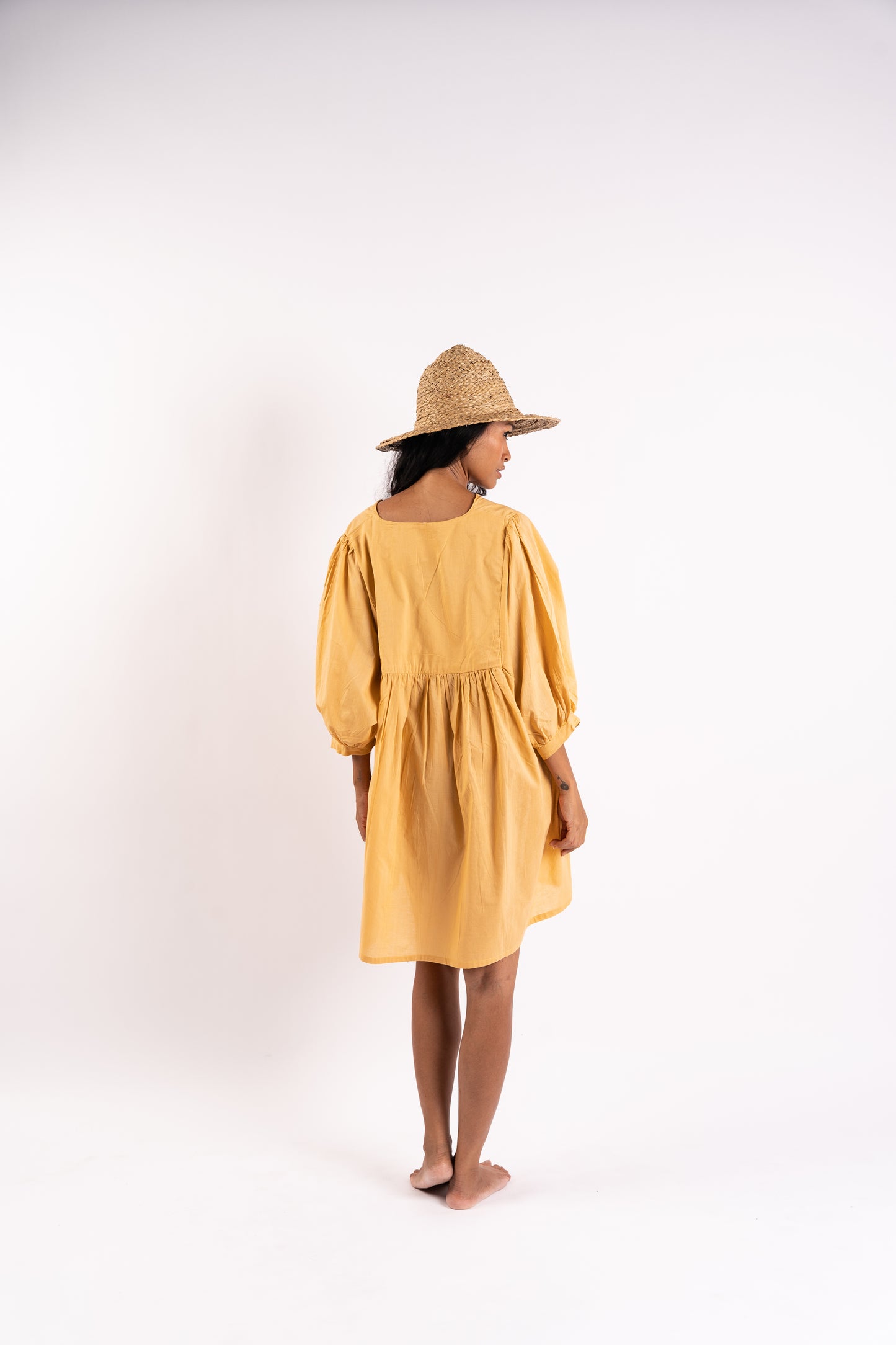 Amelia Cotton Boho Dress in Caramel With Billowing Sleeves and Front Tie