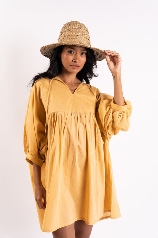 Amelia Cotton Boho Dress in Caramel With Billowing Sleeves and Front Tie
