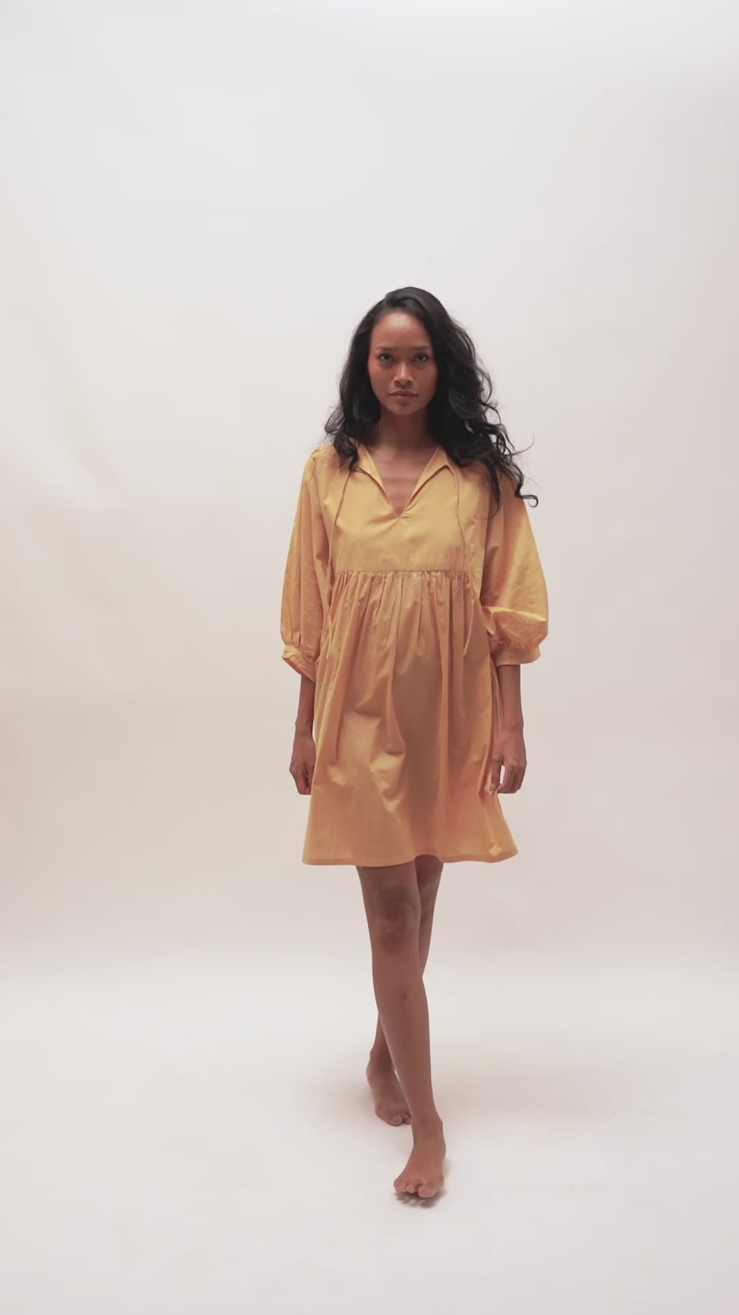 Cotton Boho Dress In Caramel Hue, Billowing Sleeves and Front Tie – Donnah