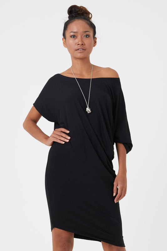 Women's black jersey asymmetrical dress