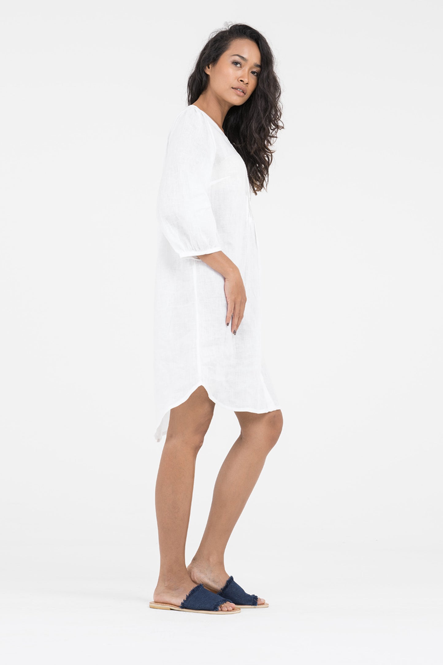 White linen pintuck shirtdress