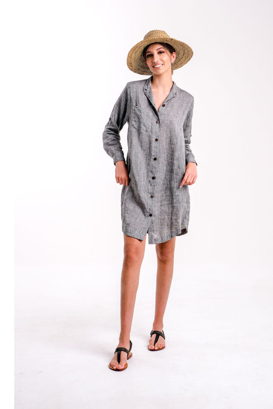 Linen Grey Shirt Dress With Pockets | Front with hat