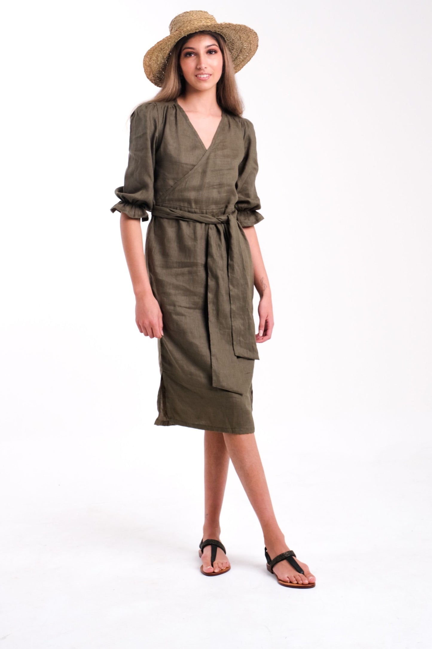 Linen Wrap Dress in Forrest Green | Donnah