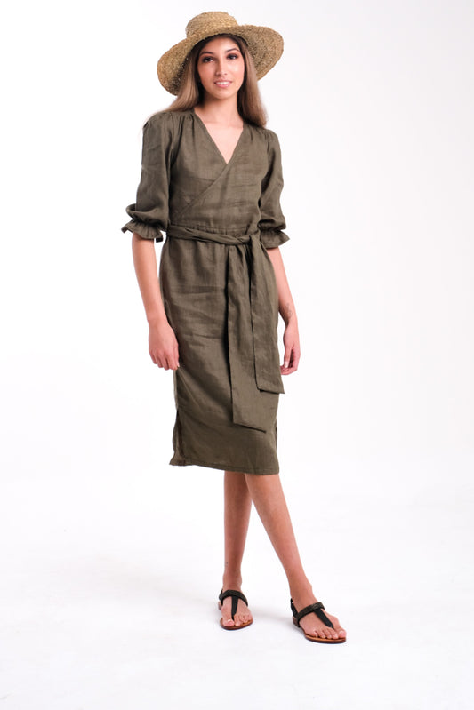 Linen Wrap Dress in Forrest Green | Donnah