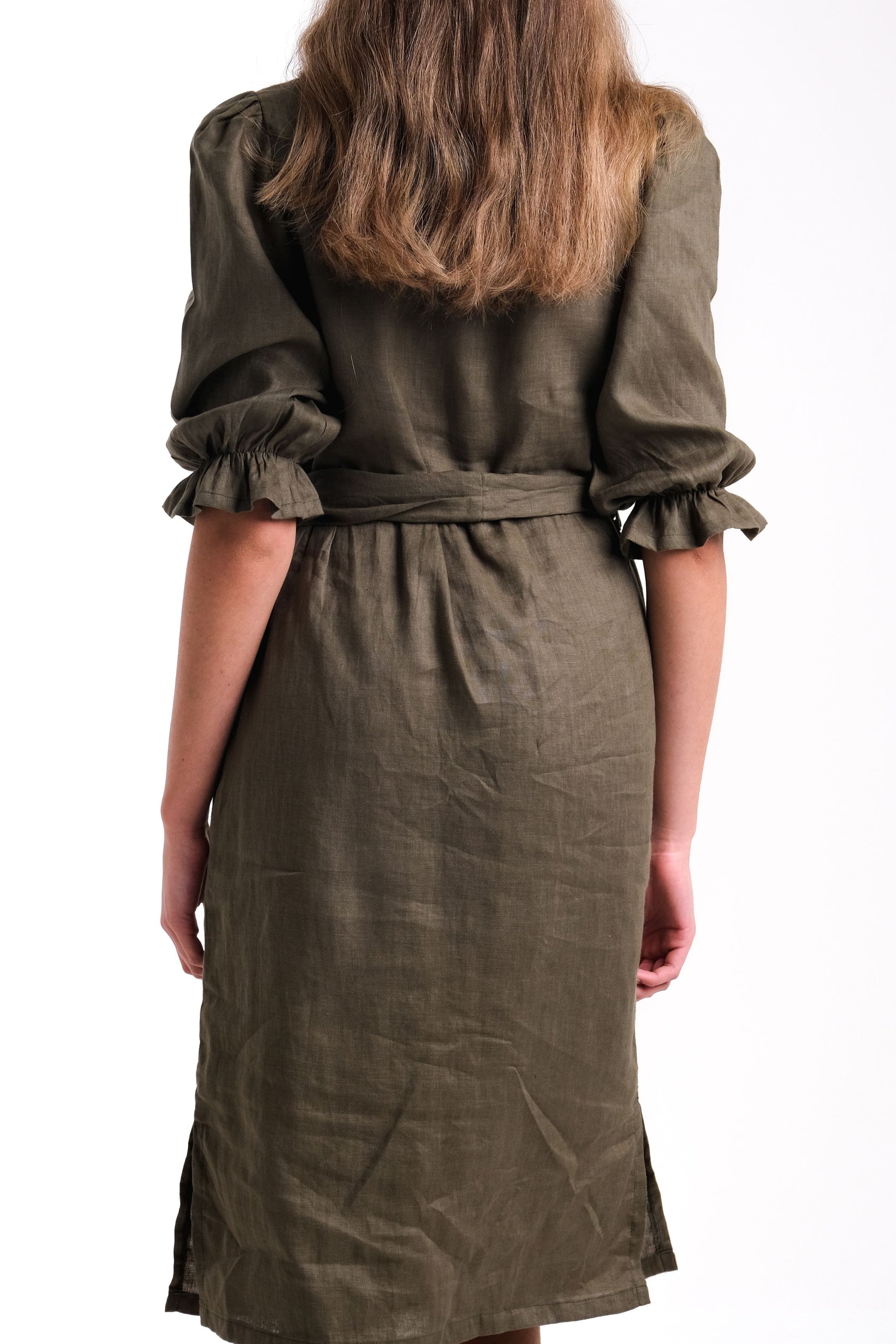 Linen Wrap Dress in Forrest Green | Full Back