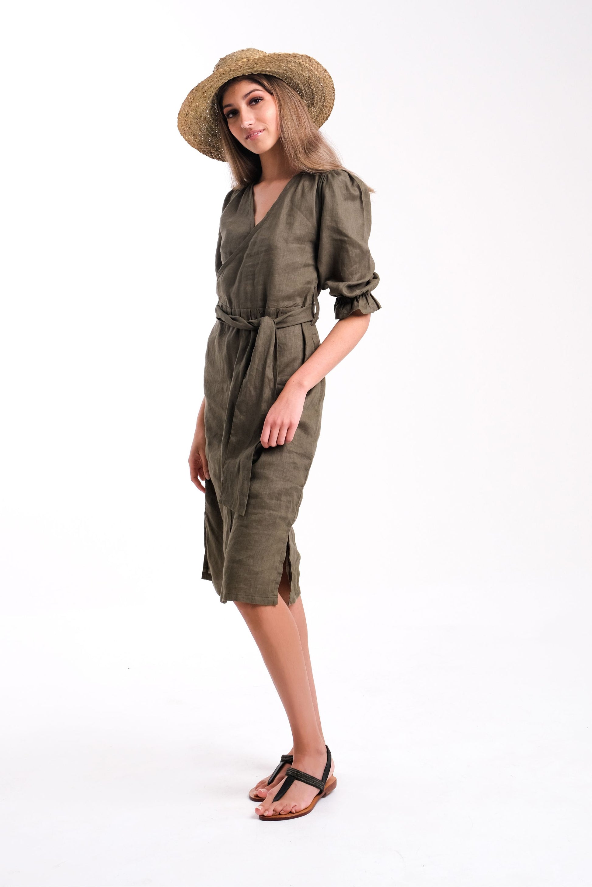 Linen Wrap Dress in Forrest Green | Jules-Dresses-Donnah