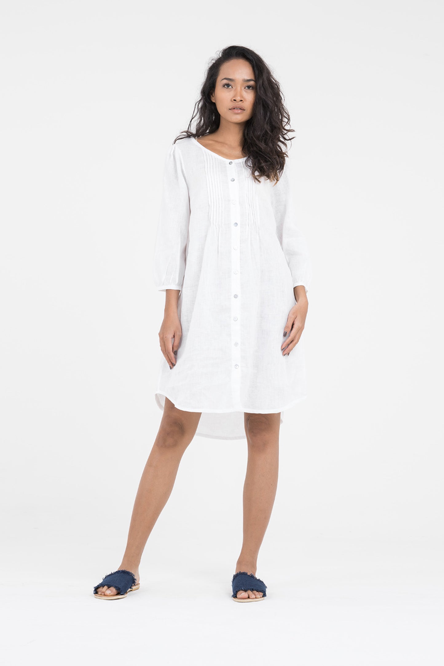 Women's White Linen Shirt Dress With Pintucks | Front