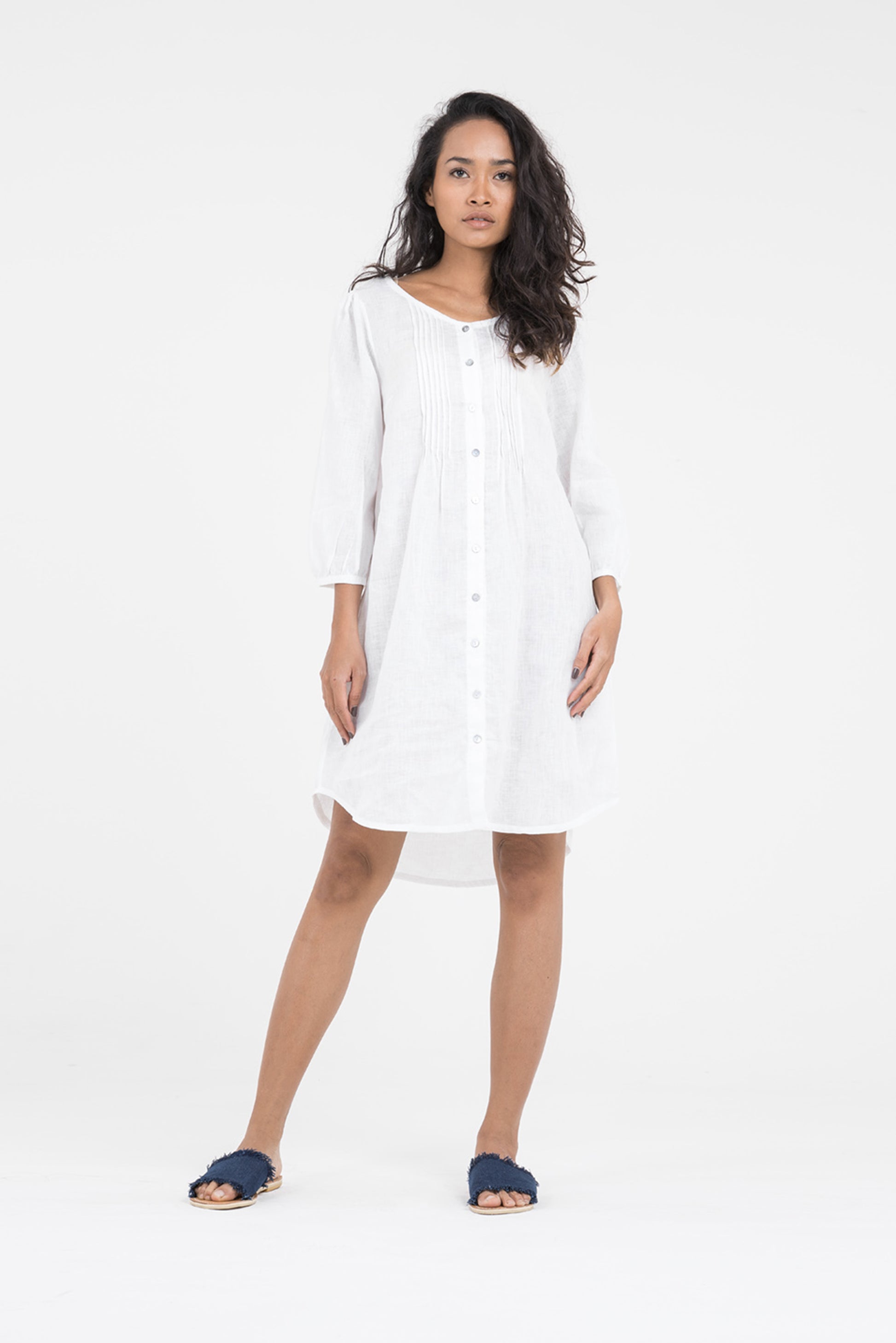 Women's White Linen Shirt Dress With Pintucks | Front