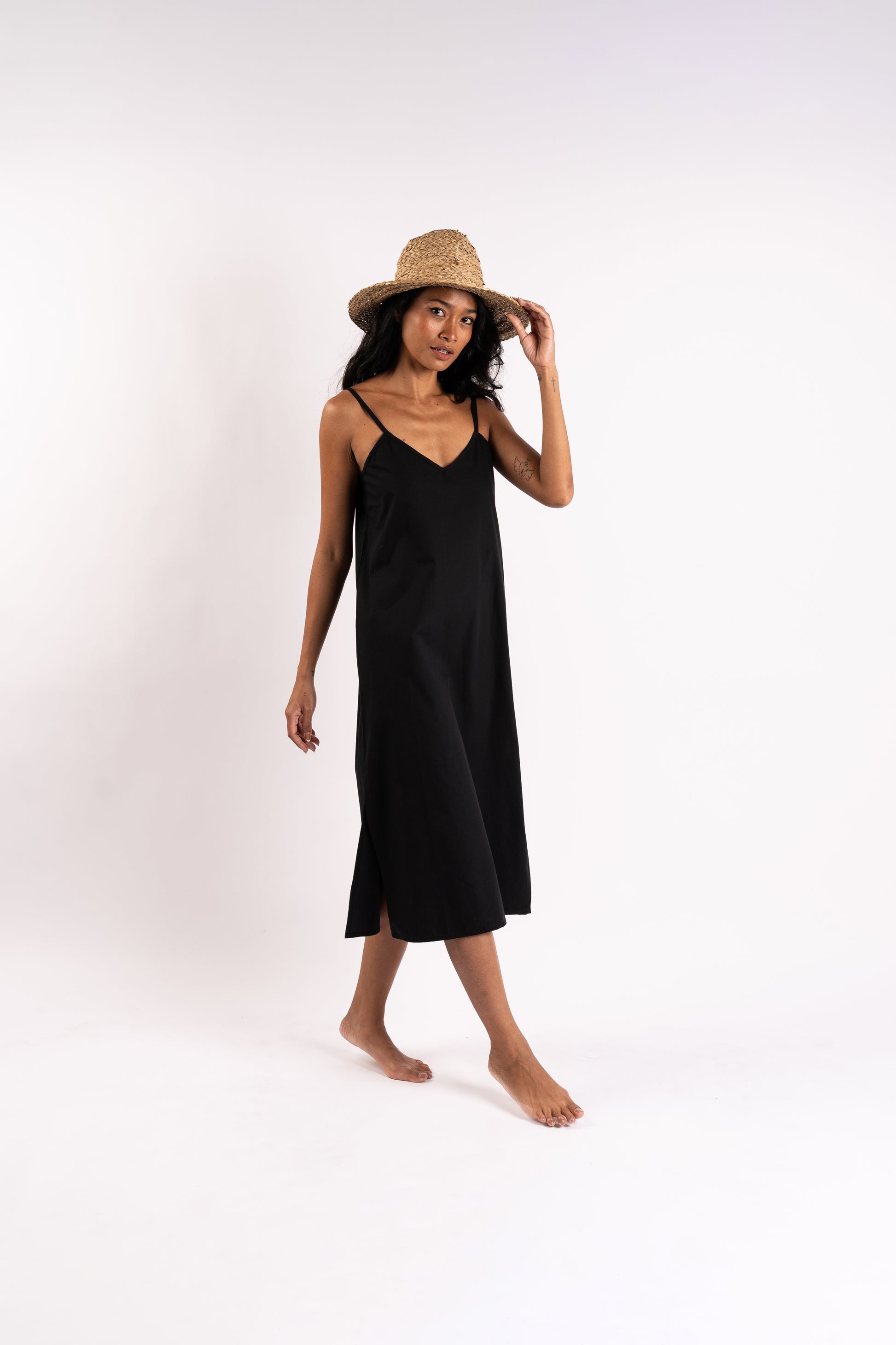 Black cotton poplin slip dress |front