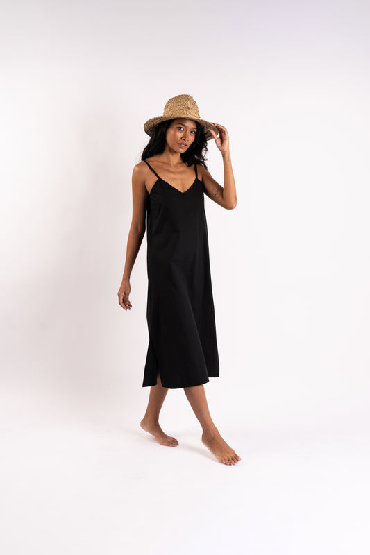 Black cotton poplin slip dress |front