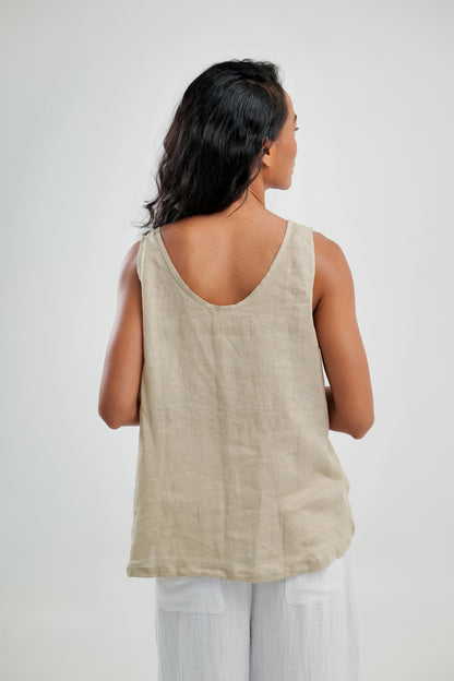 Linen Tank Top Natural With Scooped Hem | Celine