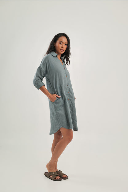 Linen Shirt Dress | Steel Blue | Alana