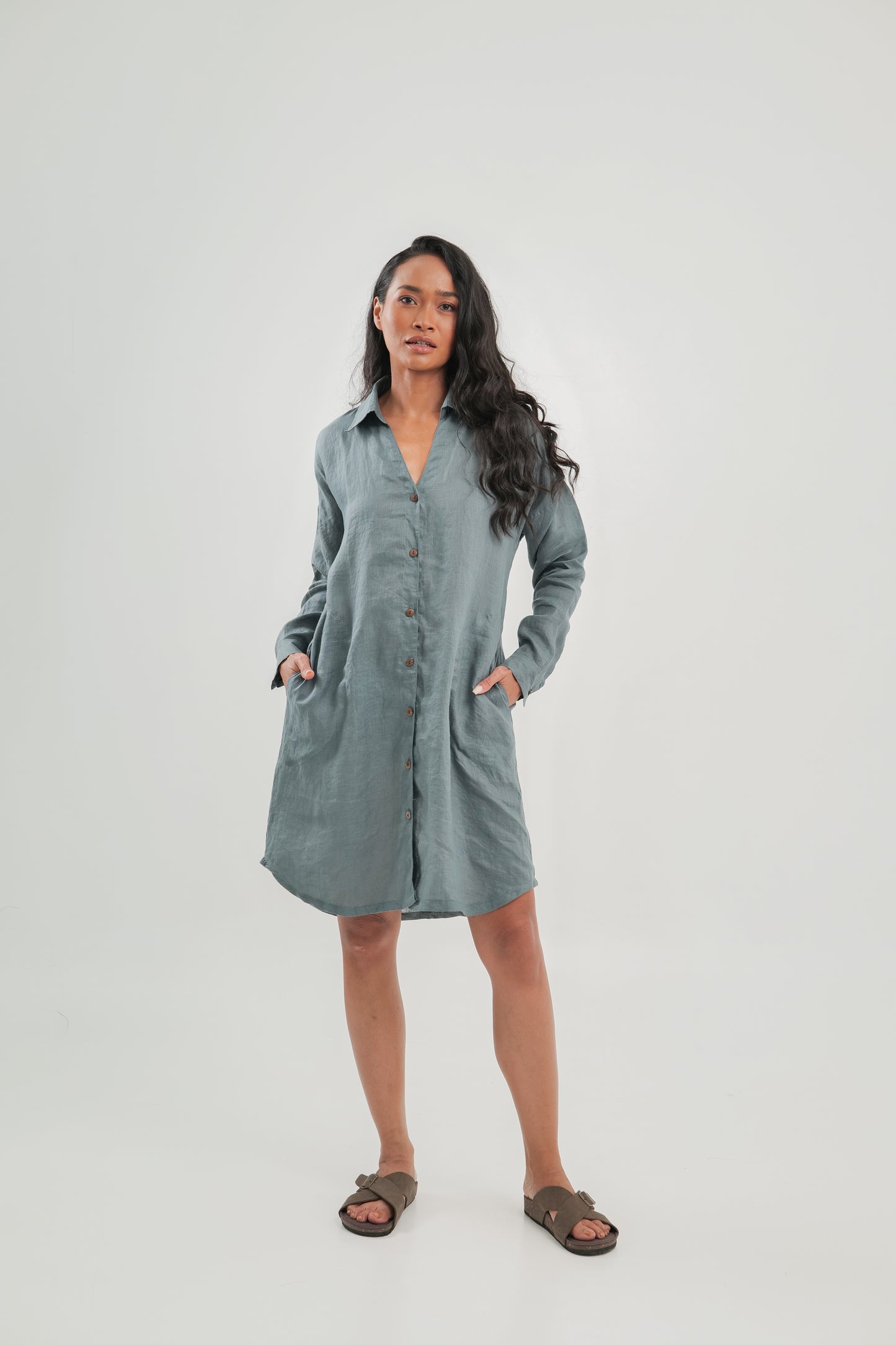Linen Shirt Dress | Steel Blue | Alana