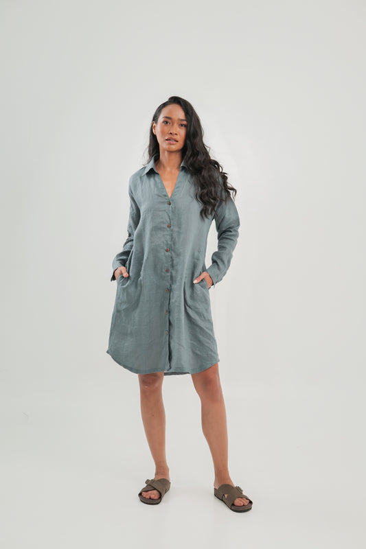 Linen Shirt Dress | Steel Blue | Alana