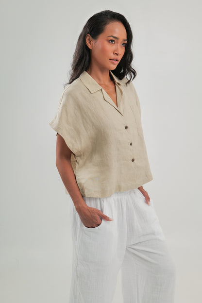 Short Sleeve Linen Top | Natural | Pia