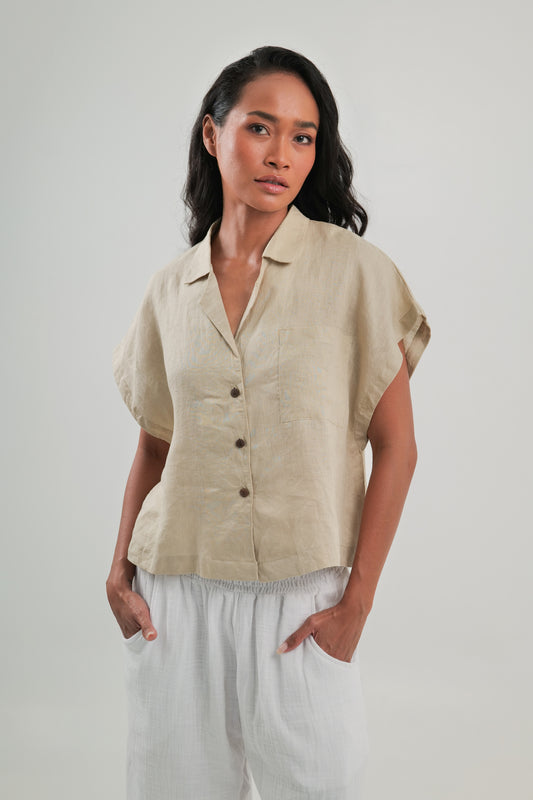 Short Sleeve Linen Top | Natural | Pia