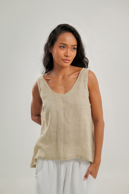 Linen Tank Top Natural With Scooped Hem | Celine