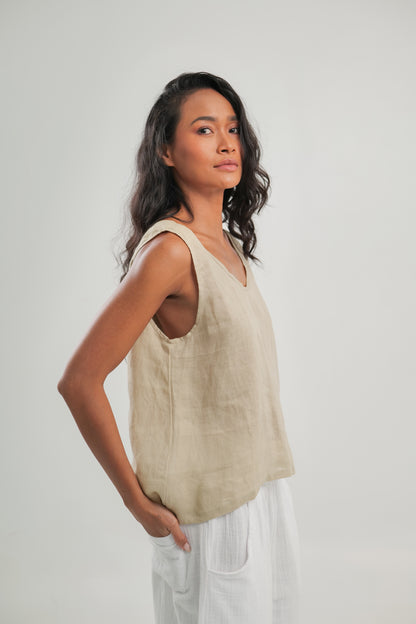 Linen Tank Top Natural With Scooped Hem | Celine