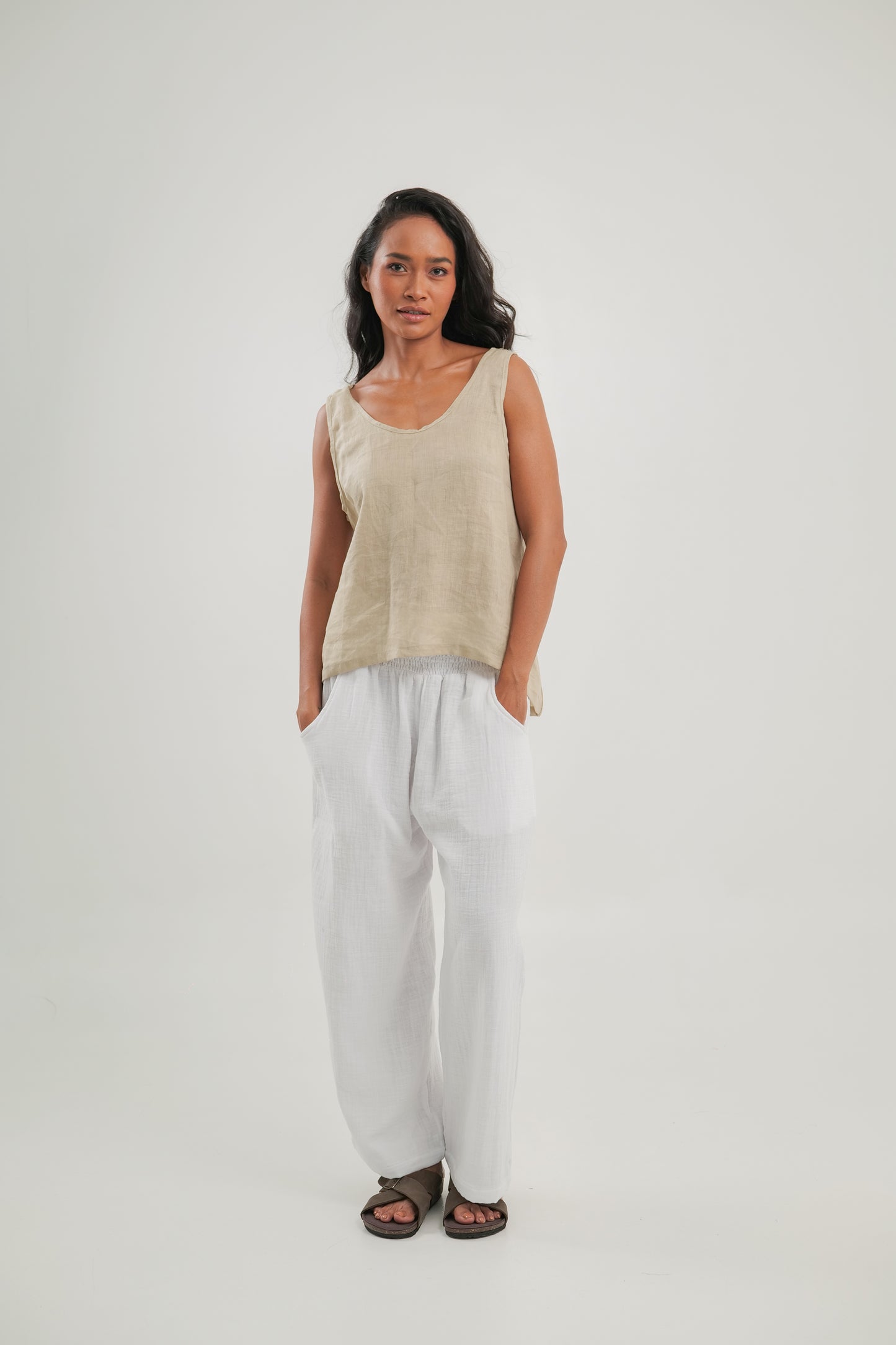 Linen Tank Top Natural With Scooped Hem | Celine