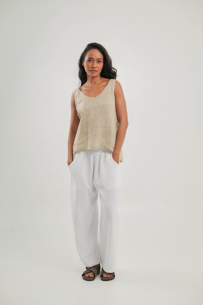 Linen Tank Top Natural With Scooped Hem | Celine