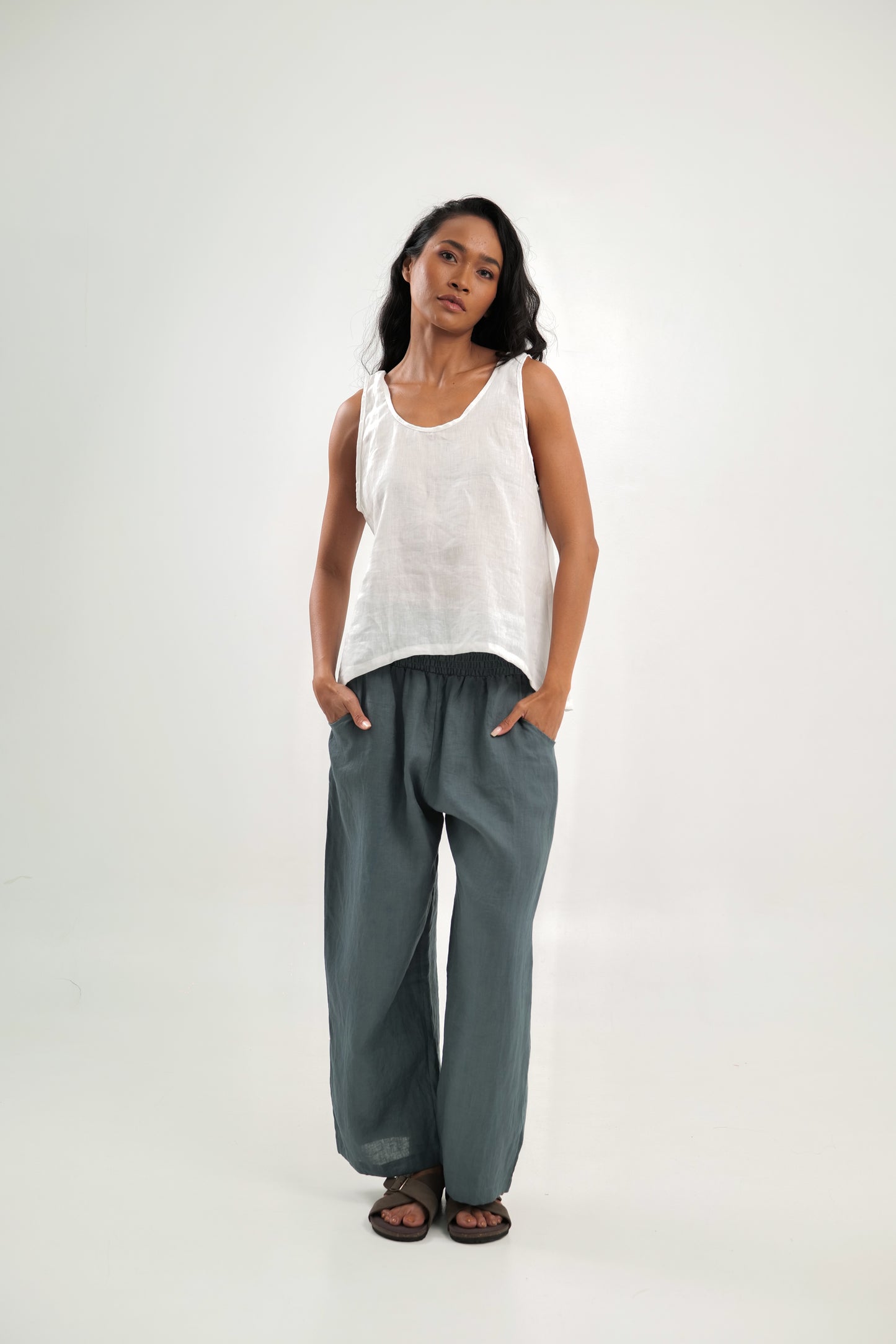 Linen Tank Top White With Scooped Hem | Celine