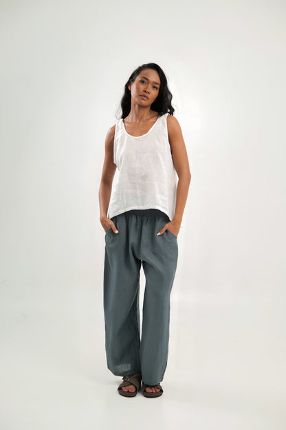 Linen Tank Top White With Scooped Hem | Celine