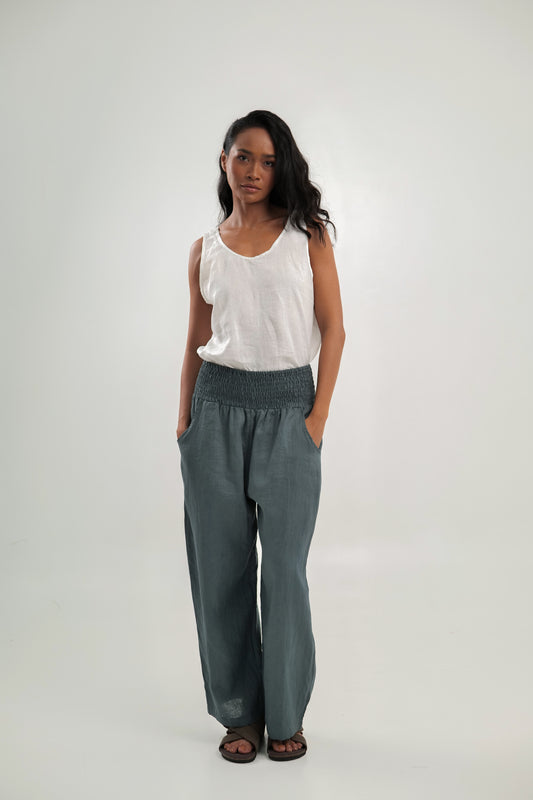 Relaxed Linen Pant | Steel Blue| Ankle Length | Mia