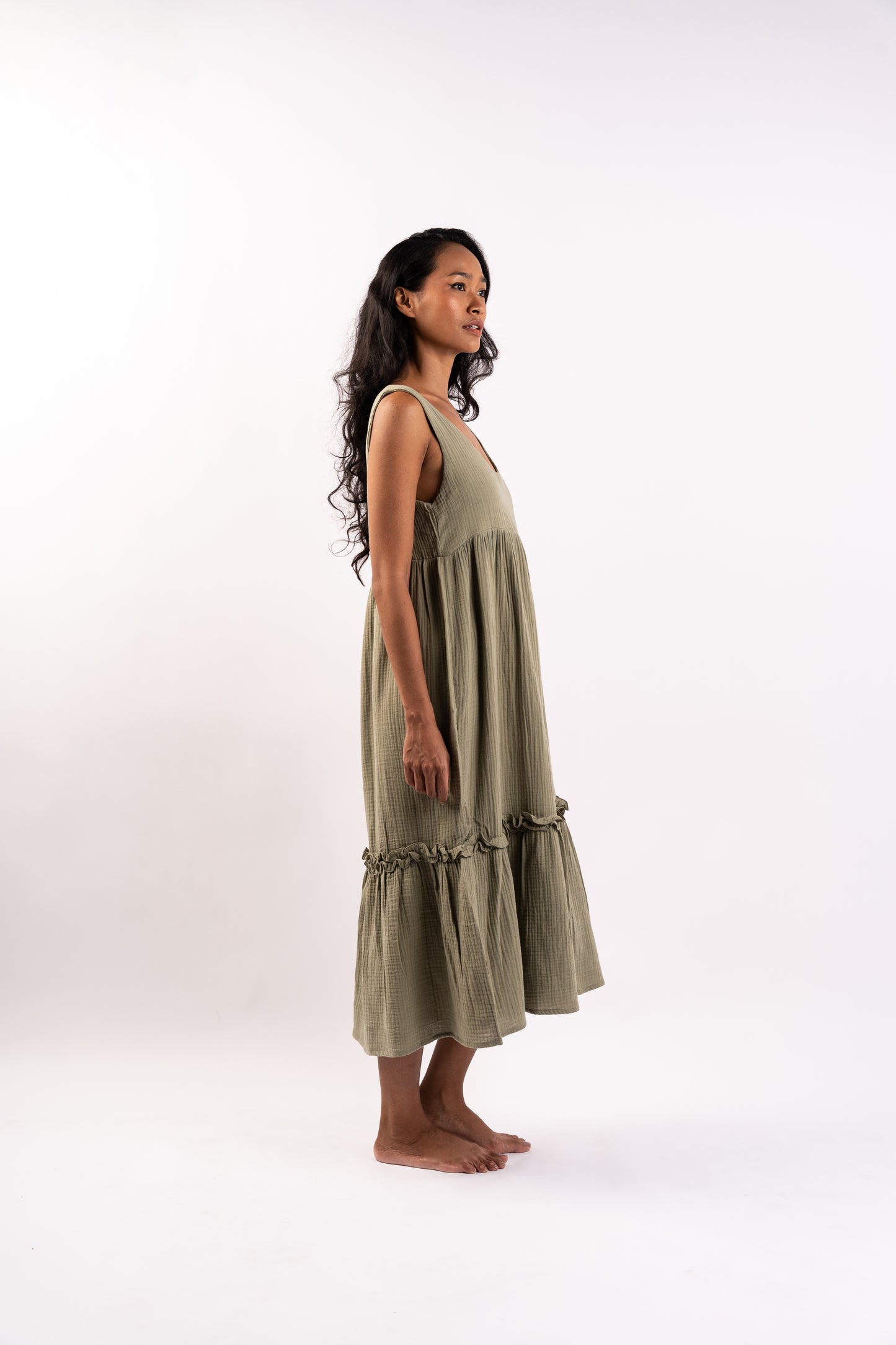 Eva Cotton Sleeveless Mid Length Green Dress With Wide Bottom Frill