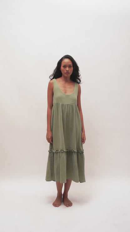 Eva Cotton Sleeveless Mid Length Green Dress With Wide Bottom Frill