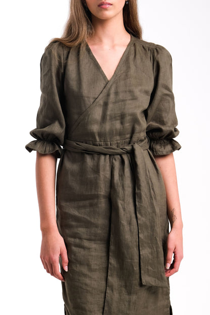 Linen Wrap Dress in Forrest Green | Jules