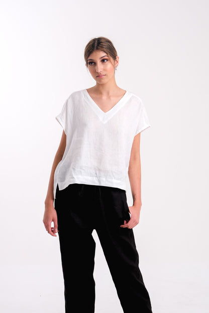 Women's White Linen Short Sleeve Top | Toni