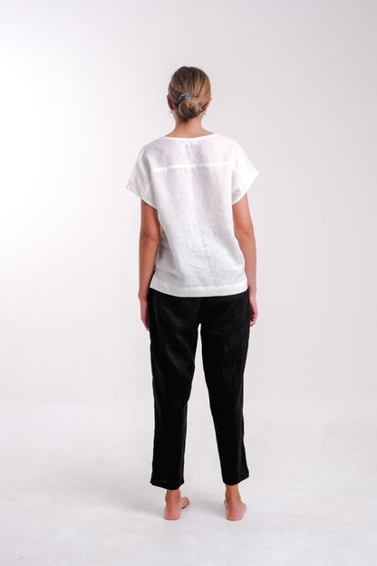 Women's White Linen Short Sleeve Top | Toni