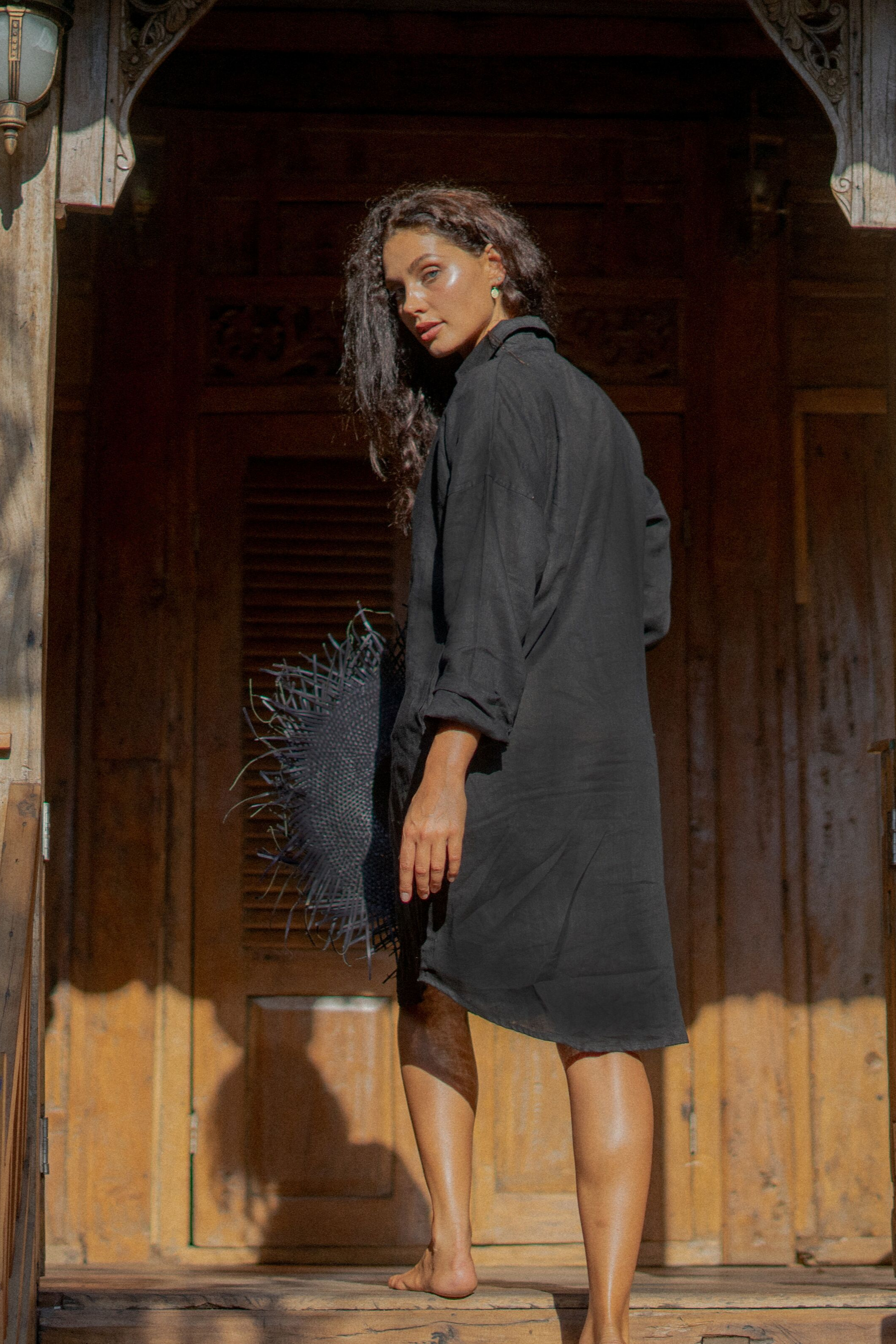 Black Linen Shirt Dress | Back