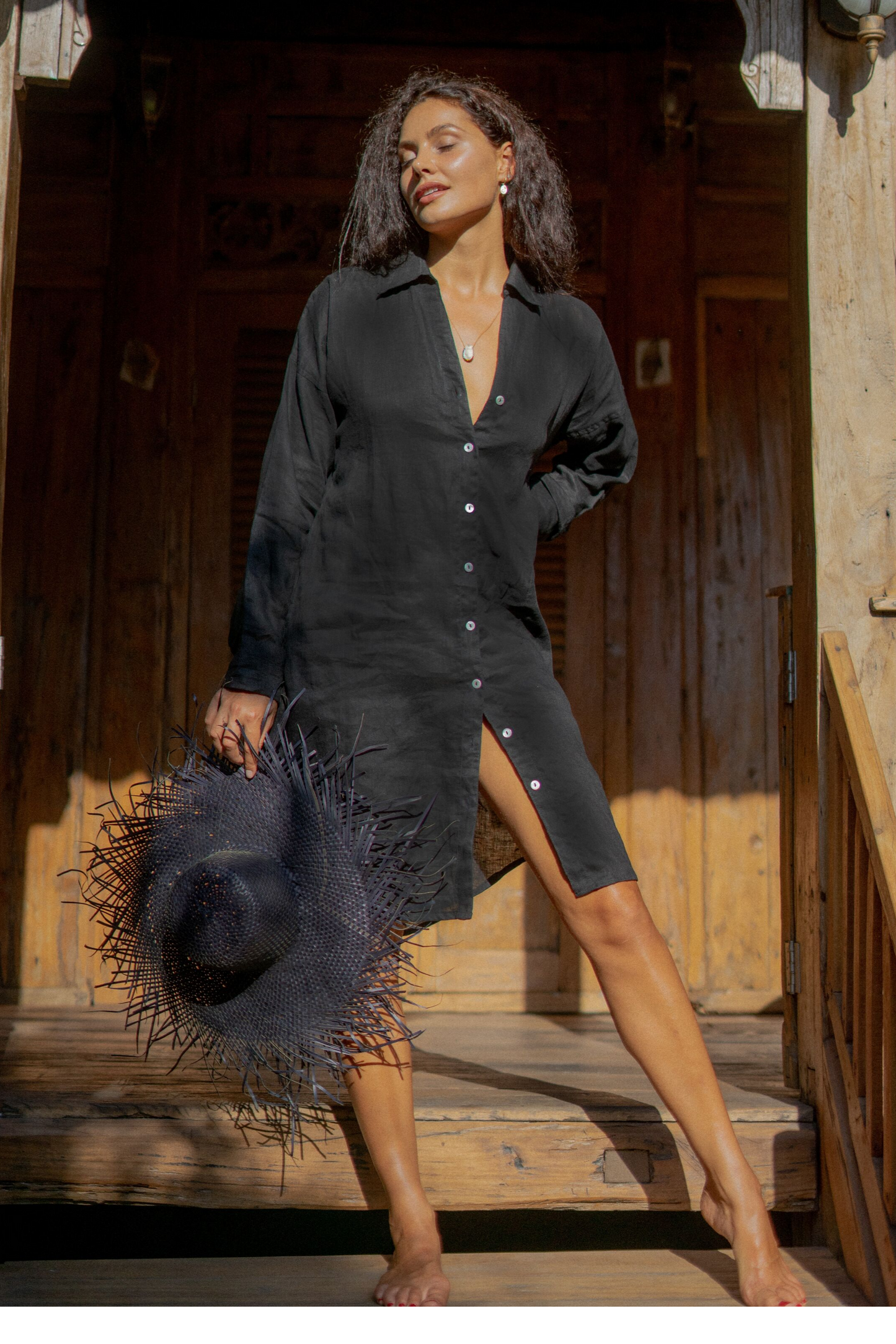 Black Linen Shirt Dress | Front Slit 