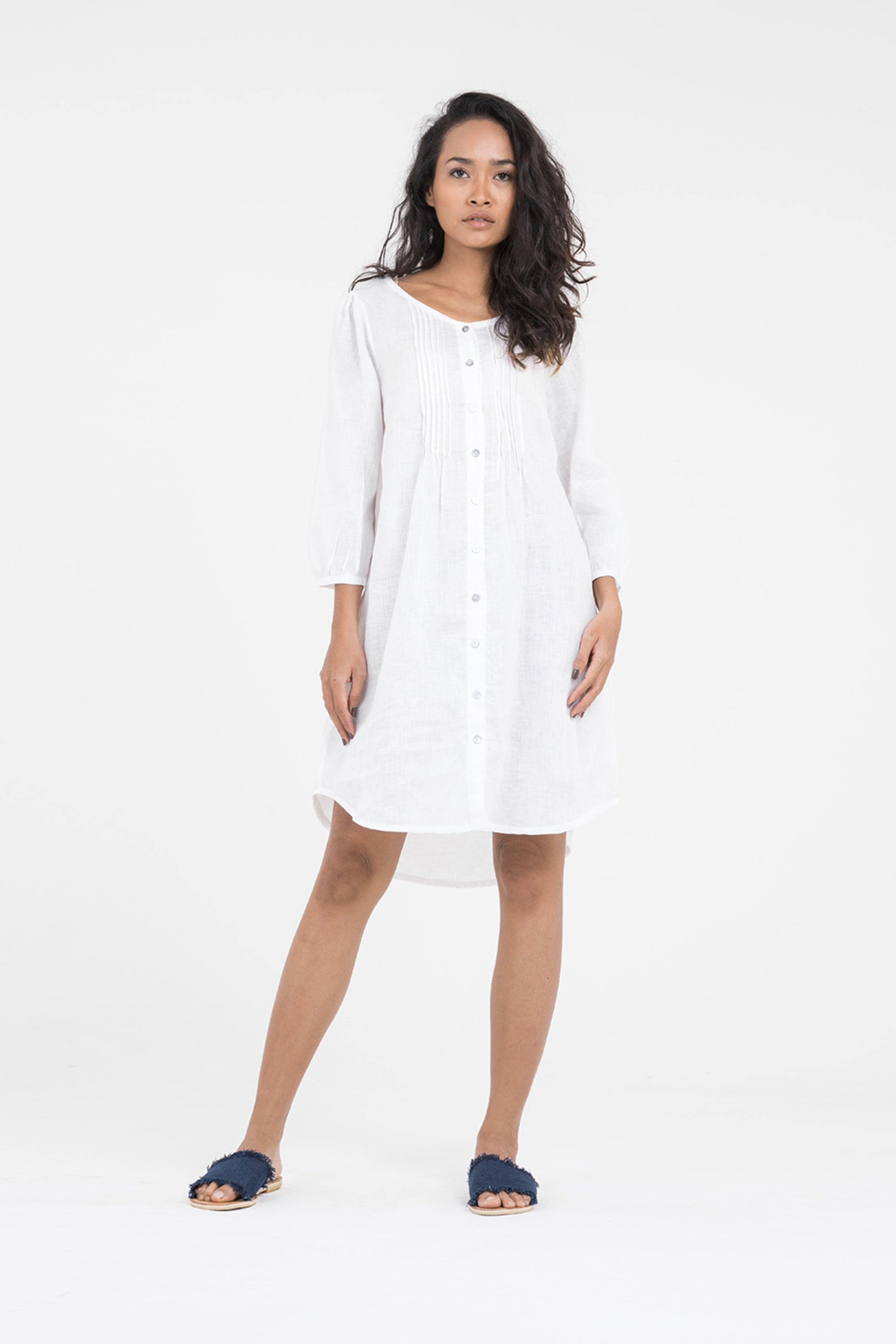 Women s White Linen Shirt Dress With Pintucks Isla