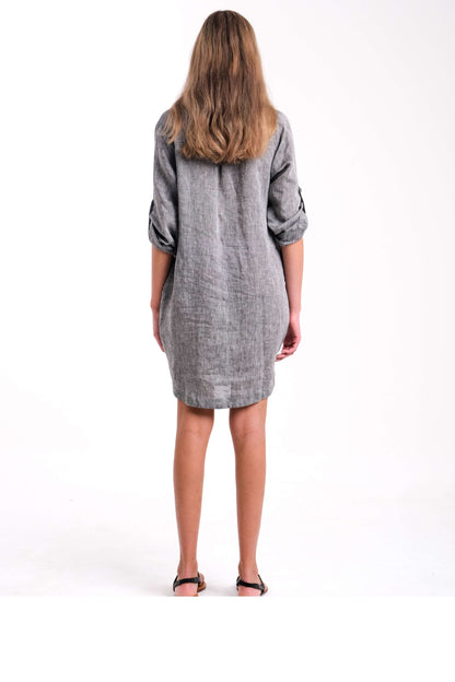 Linen Grey Shirt Dress With Pockets | Back