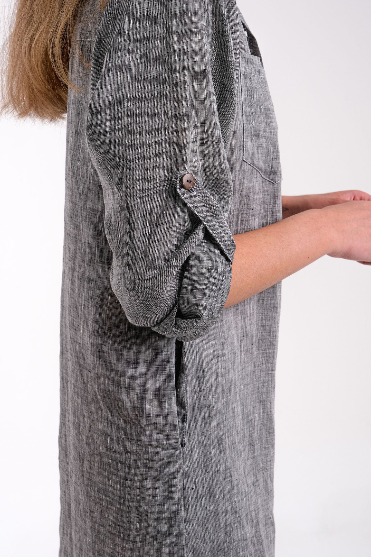 Linen Grey Shirt Dress With Pockets | Close Up Side