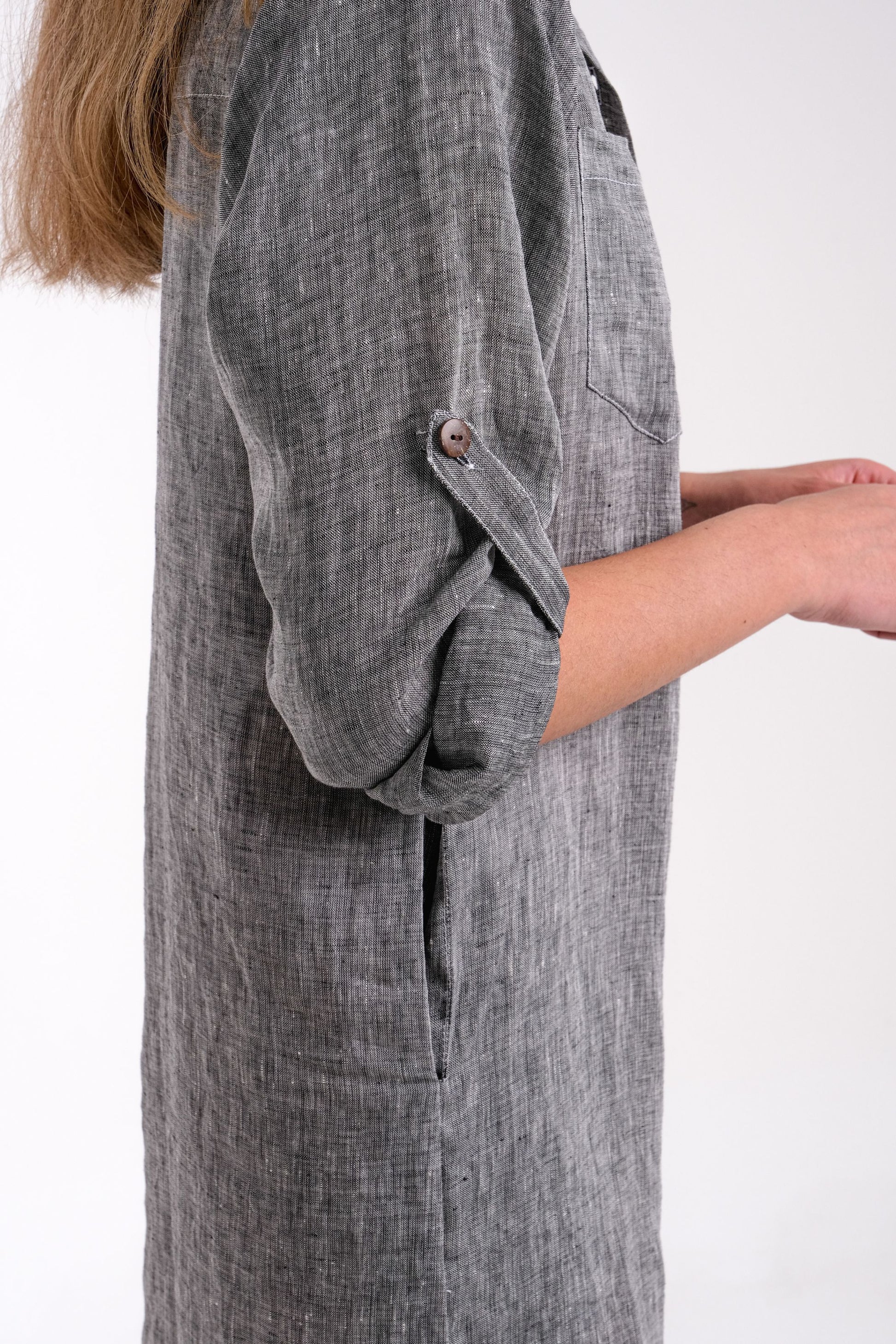 Linen Grey Shirt Dress With Pockets | Close Up Side