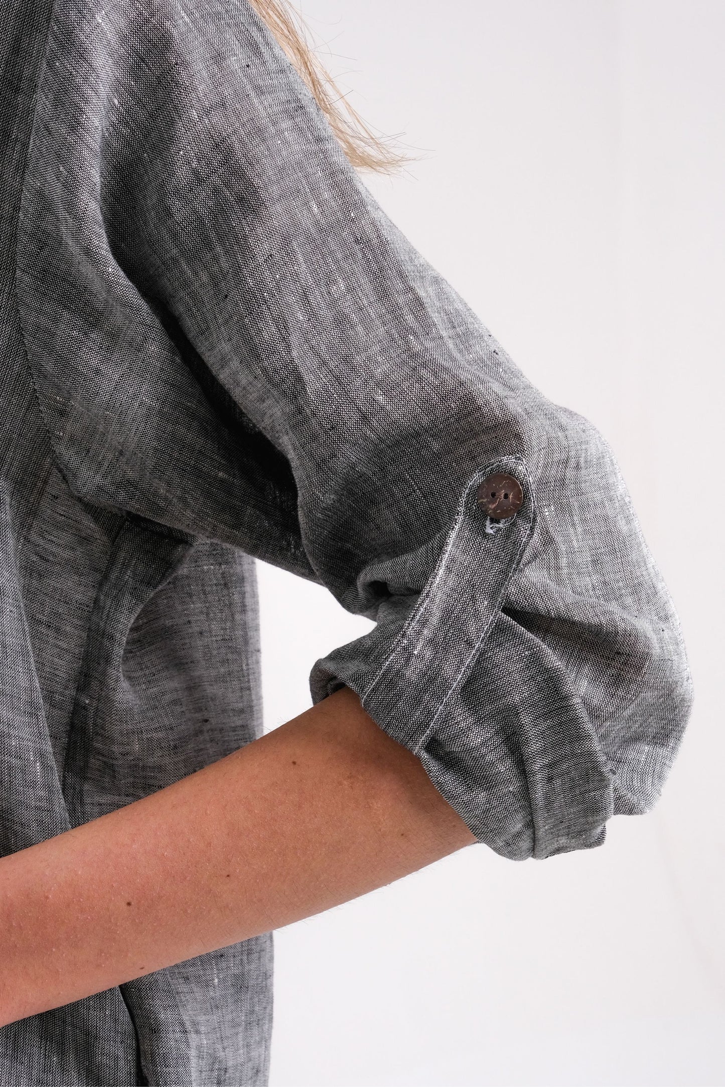 Linen Grey Shirt Dress With Pockets |Close up sleeve