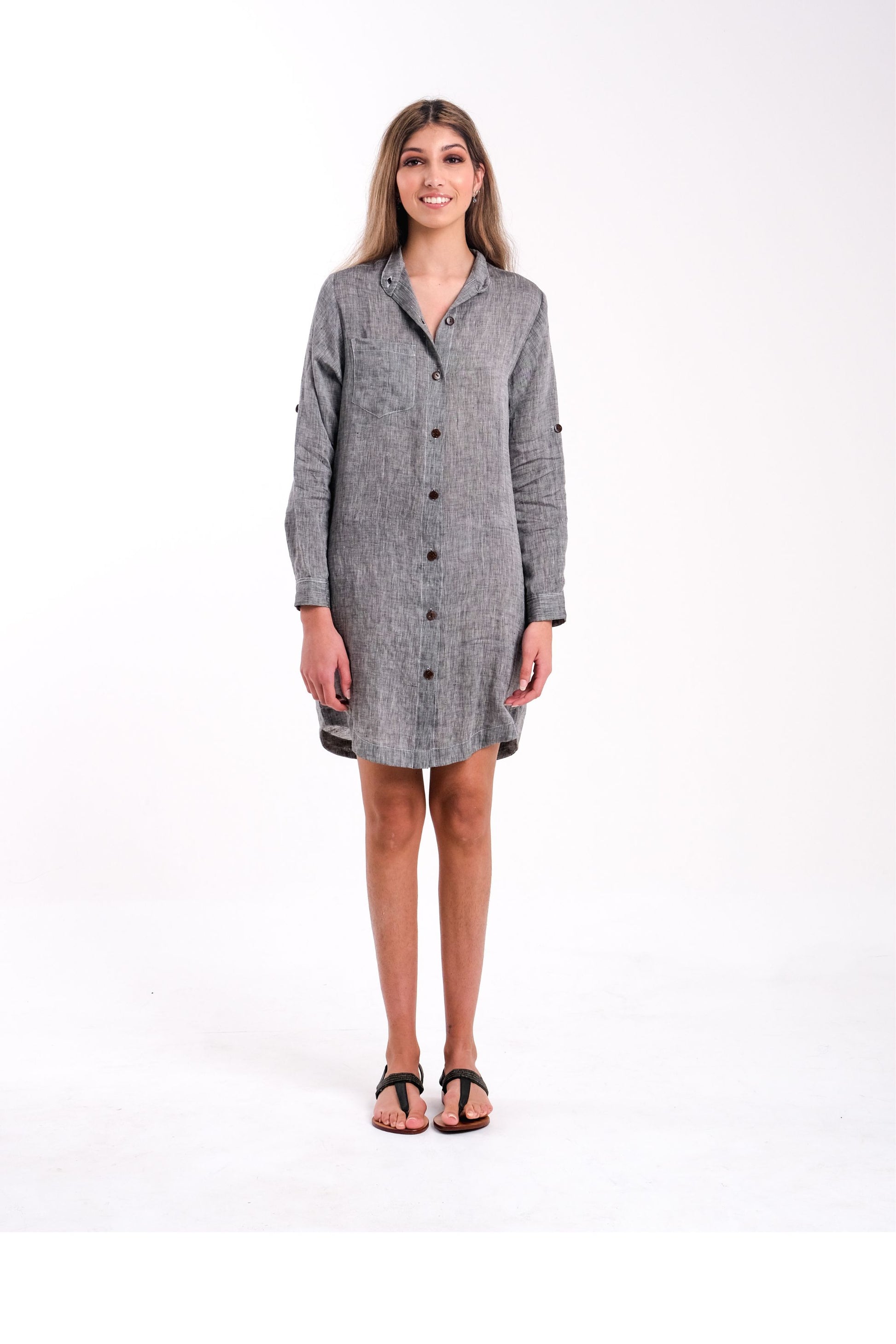 Linen Grey Shirt Dress With Pockets | Front Without Hat