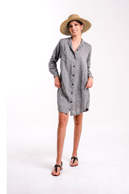 Linen Grey Shirt Dress With Pockets | Front with hat