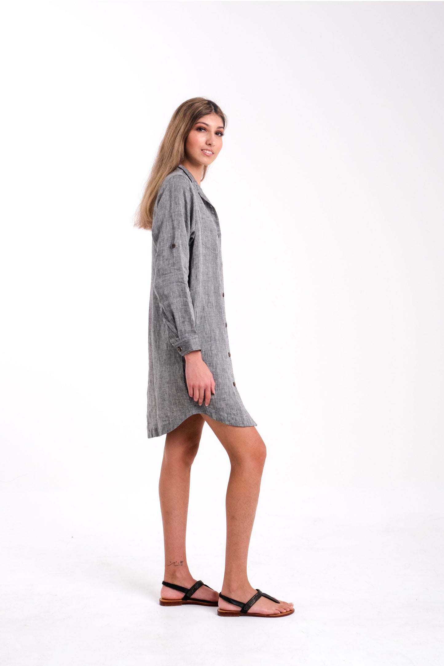 Linen Grey Shirt Dress With Pockets | Right Side
