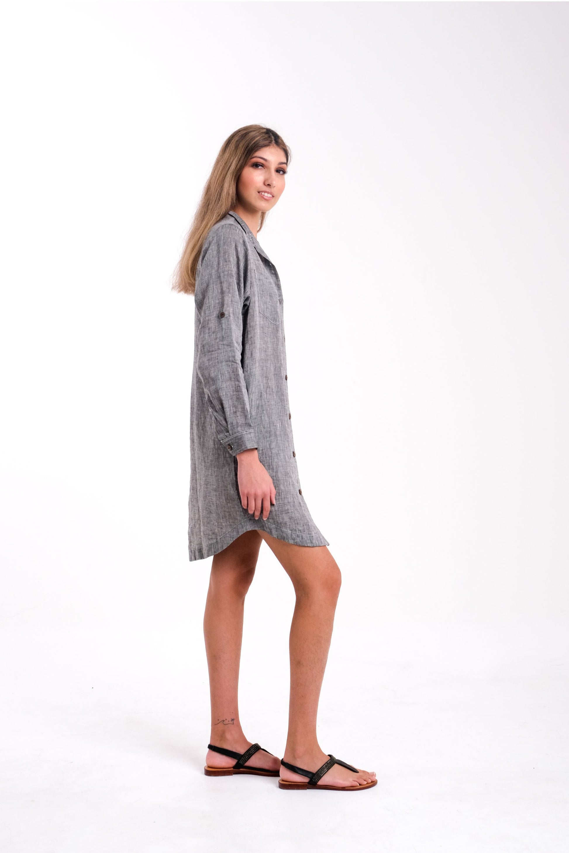 Linen Grey Shirt Dress With Pockets | Right Side
