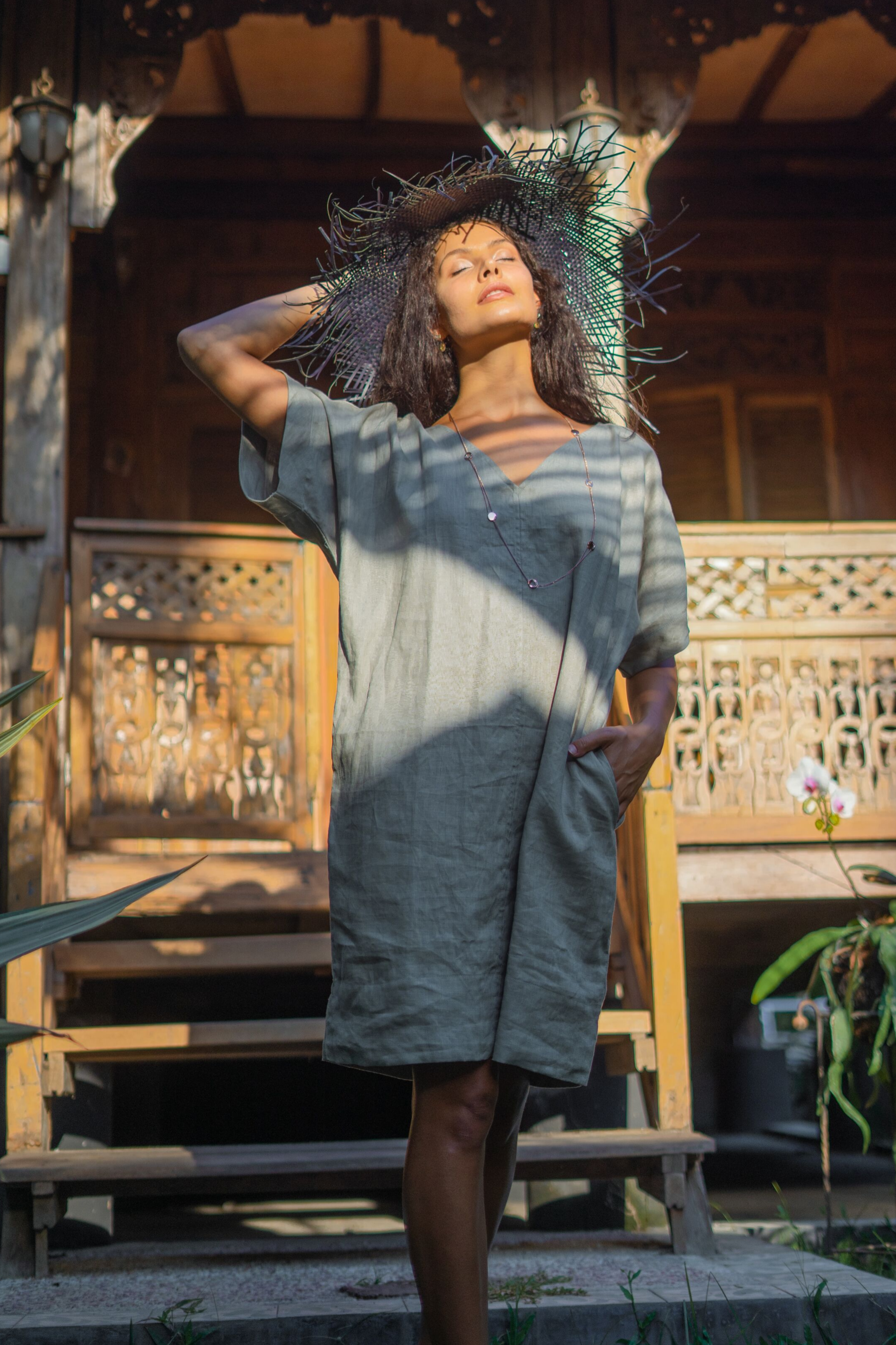 Linen One Size Tunic Dress With Pockets In Khaki | Front