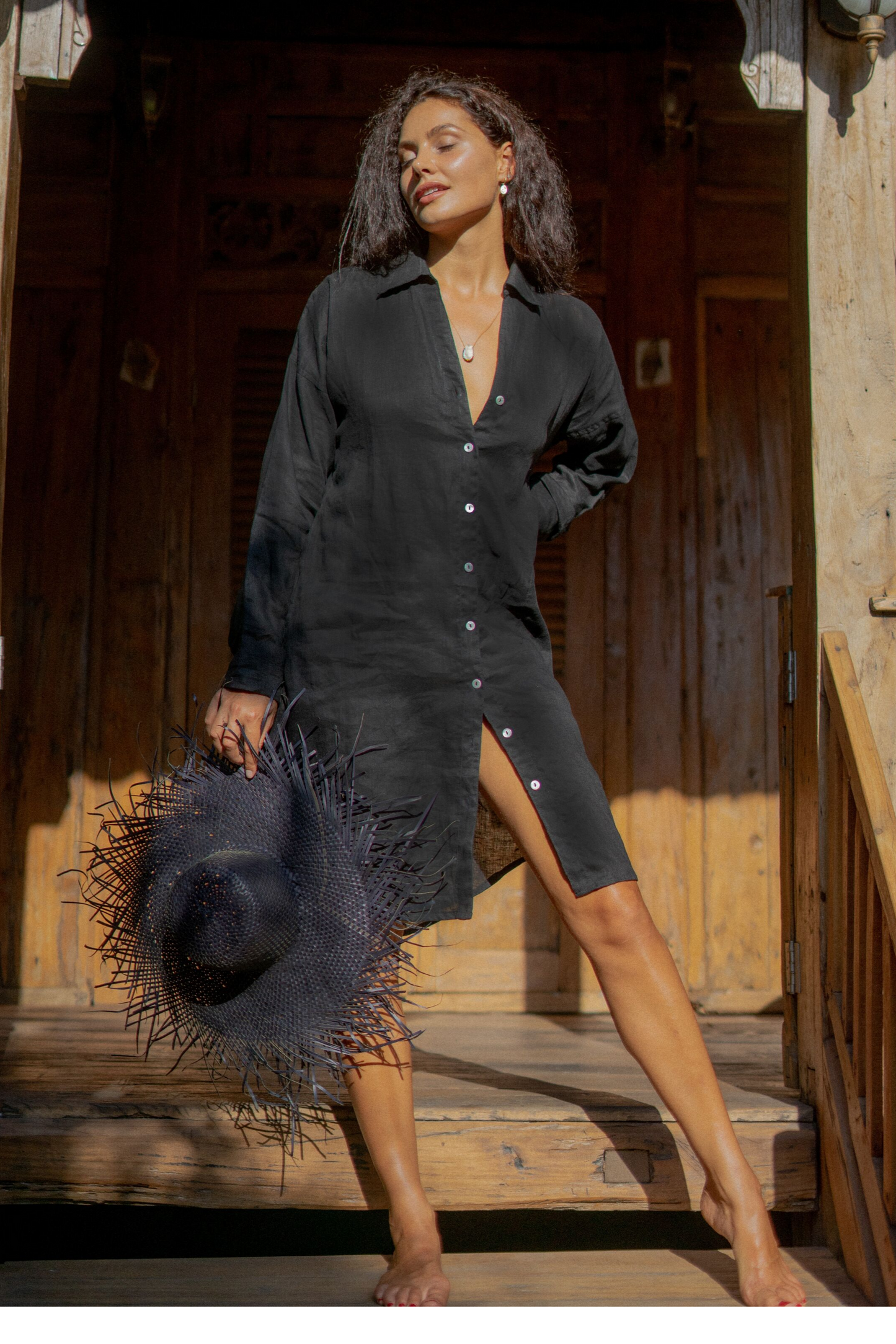 Linen-shirtdress-in-black-flront