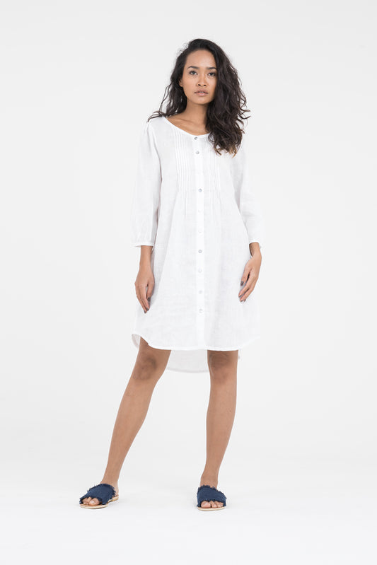 Women's White Linen Shirt Dress With Pintucks | Front